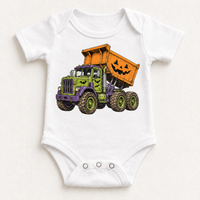 white bodysuit with Halloween dump truck and jack-o-lantern design