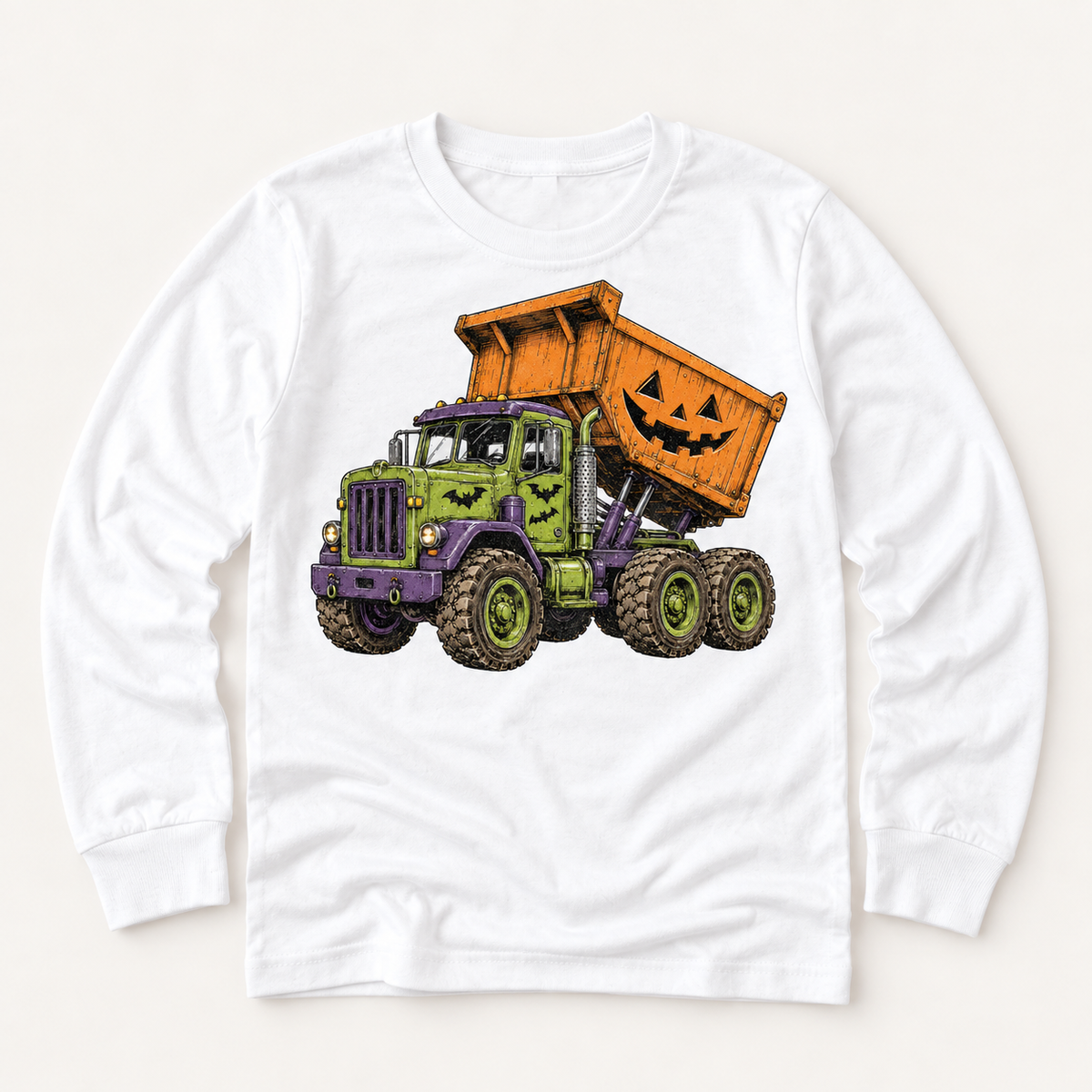 white long sleeve with Halloween dump truck, bats and orange jack-o-lantern bed