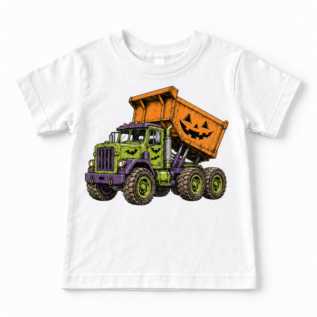 white tee with Halloween dump truck, bats and orange jack-o-lantern bed