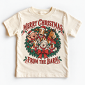 Merry Christmas From the Barn farm animal wreath graphic on a natural tee