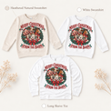 Farm animal Christmas design on natural heather and white sweatshirts and a white long sleeve tee