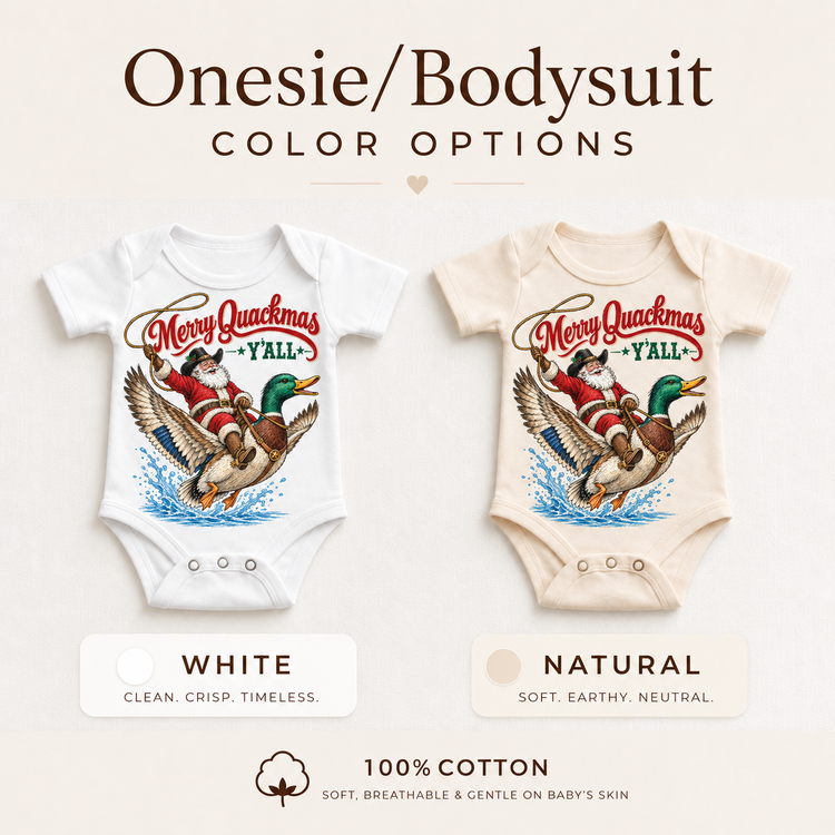 Merry Quackmas baby bodysuits in white and natural