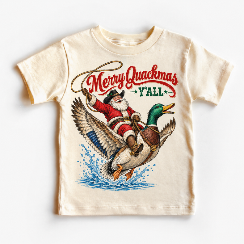 Merry Quackmas Y’all natural shirt with cowboy Santa riding a mallard duck