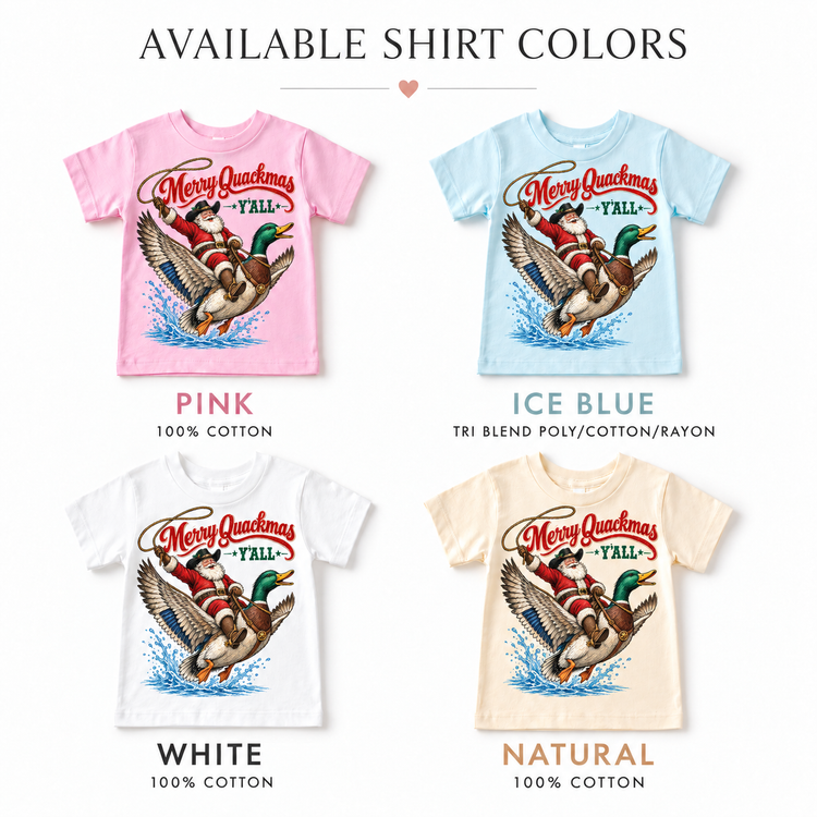 Merry Quackmas Y’all Christmas duck shirt in pink, ice blue, white and natural