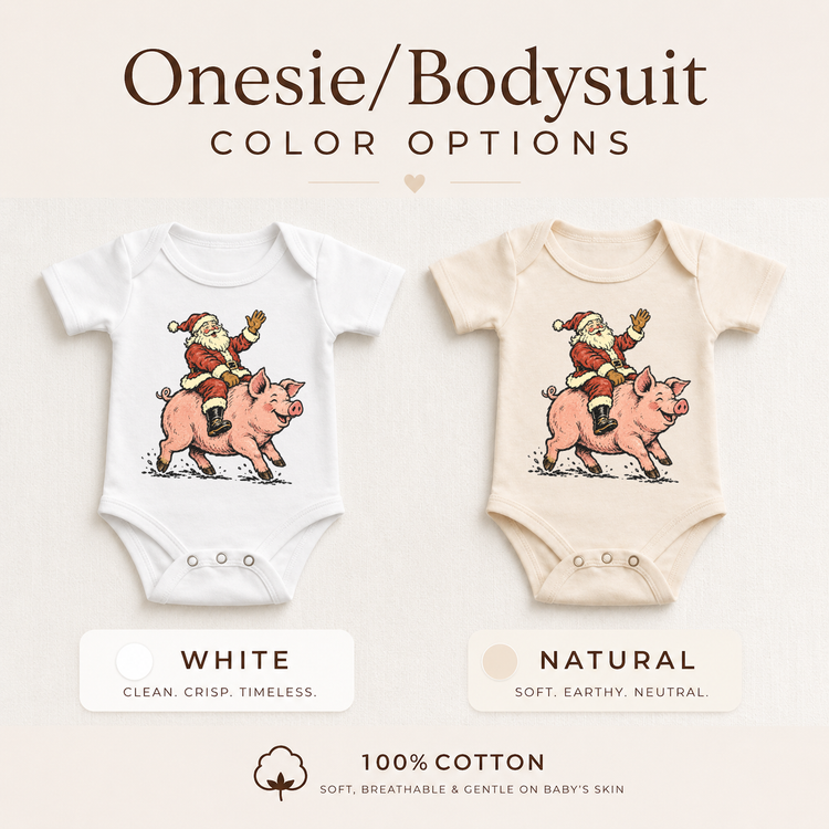 White and natural baby bodysuits with a vintage Santa riding a smiling pink pig Christmas design
