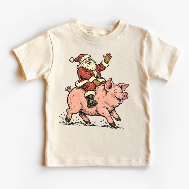 Vintage Santa riding a smiling pink pig on a natural Christmas T-shirt
