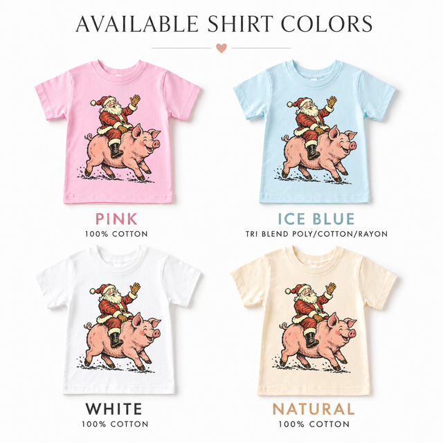 Santa riding a pink pig Christmas design on pink, ice blue, white and natural short-sleeve shirts