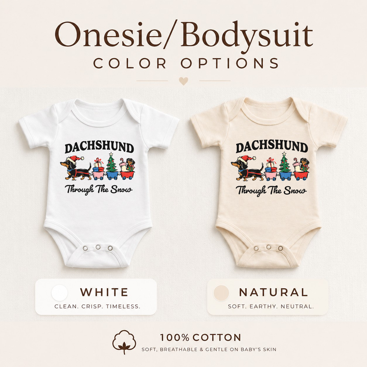 Dachshund Through the Snow baby Christmas bodysuits in white and natural