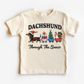 Dachshund Through the Snow Christmas dog design on a natural short sleeve tee