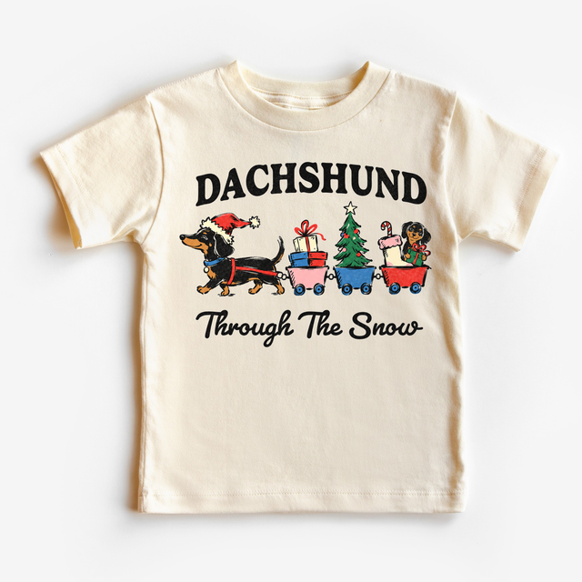 Dachshund Through the Snow Christmas dog design on a natural short sleeve tee