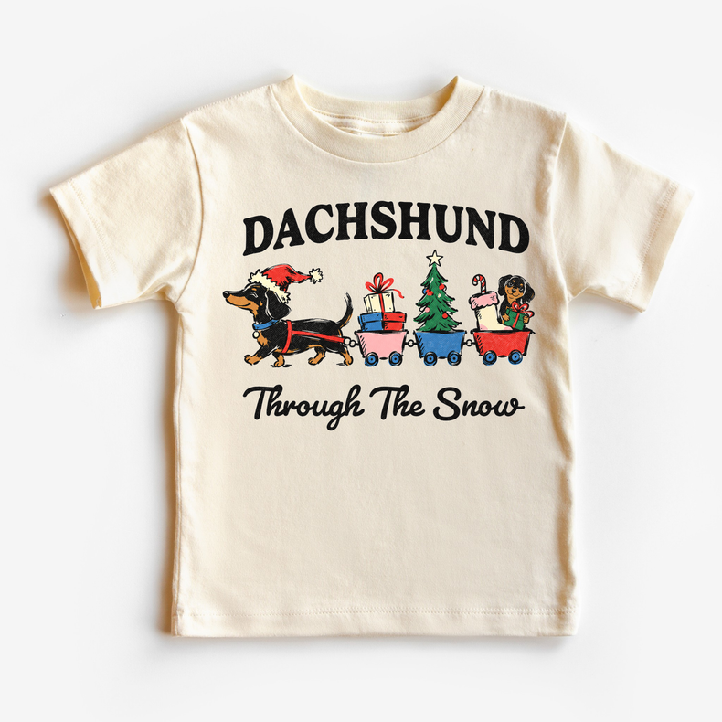 Dachshund Through the Snow Christmas dog design on a natural short sleeve tee