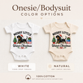 White and natural baby bodysuits with the Merry Little Weiner Christmas dachshund design.