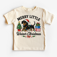 Merry Little Weiner Christmas natural shirt featuring a dachshund in a Santa hat with holiday lights, a tree and gifts.