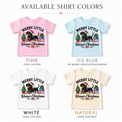 Merry Little Weiner Christmas dachshund T-shirt shown in pink, ice blue, white and natural.