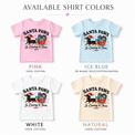 Santa Paws dachshund Christmas shirt in pink, ice blue, white and natural short-sleeve tee colors
