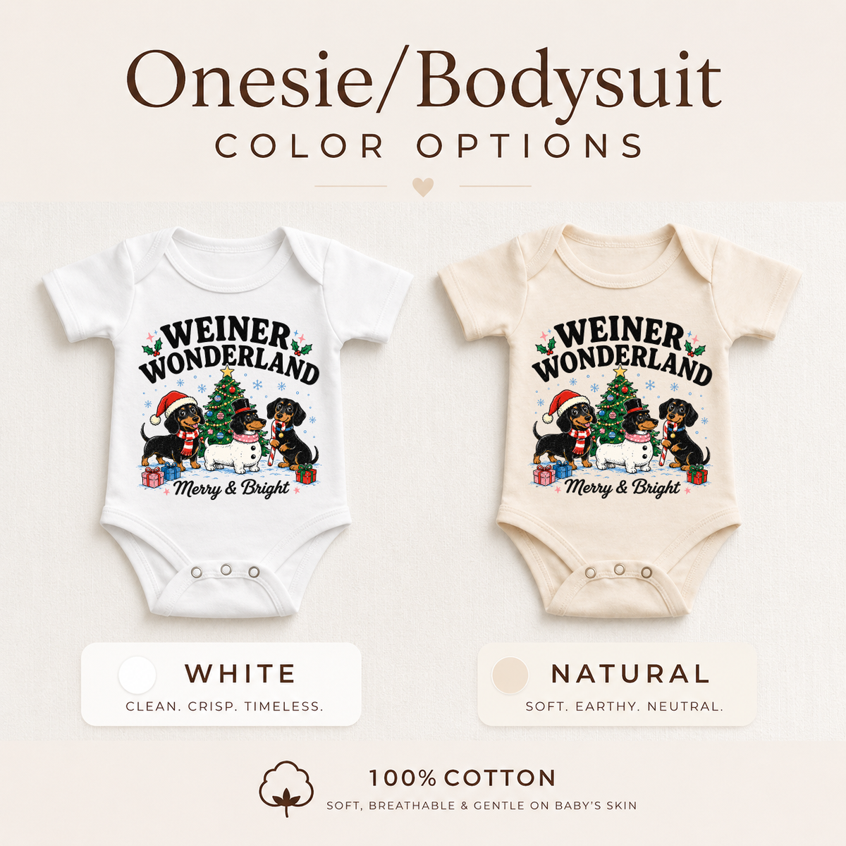 White and natural baby bodysuits with Weiner Wonderland Christmas dachshunds and Merry & Bright lettering.