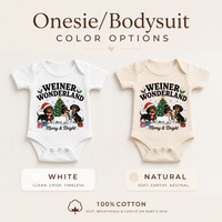White and natural baby bodysuits with Weiner Wonderland Christmas dachshunds and Merry & Bright lettering.