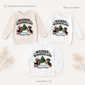 Weiner Wonderland Christmas dachshund design on heathered natural and white sweatshirts and a white long-sleeve tee.