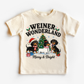 Natural kids T-shirt with Weiner Wonderland dachshunds, a decorated Christmas tree and Merry & Bright lettering.