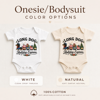 White and natural baby bodysuits with the Long Dog Holiday Express dachshund Christmas train graphic.