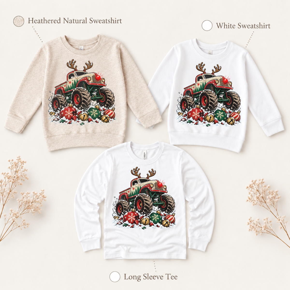 Reindeer Monster Truck Christmas Shirt for Kids long sleeve tee and sweatshirt options