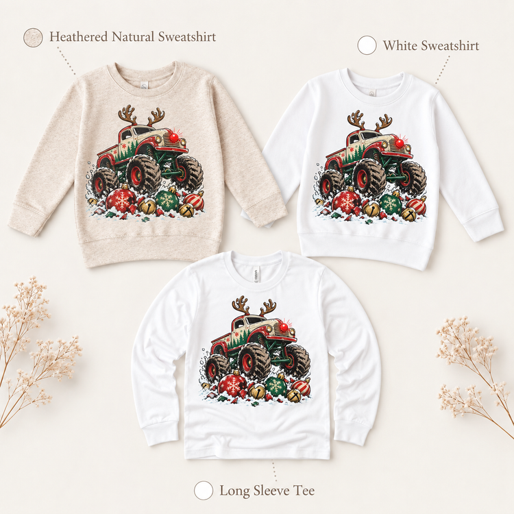 Reindeer Monster Truck Christmas Shirt for Kids long sleeve tee and sweatshirt options
