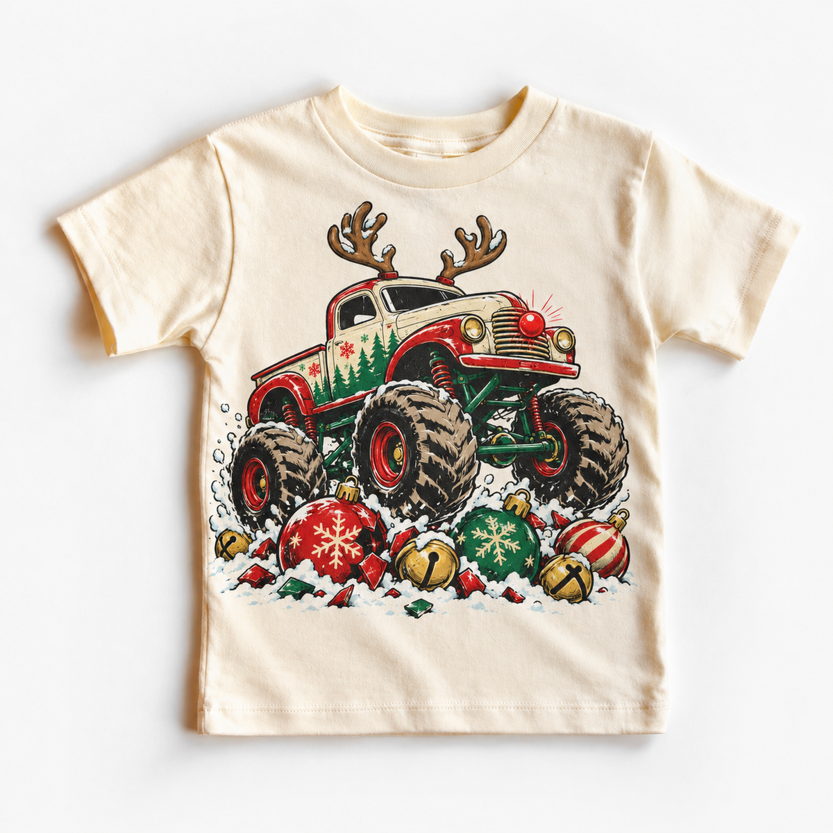 Reindeer Monster Truck Christmas Shirt for Kids natural short sleeve tee