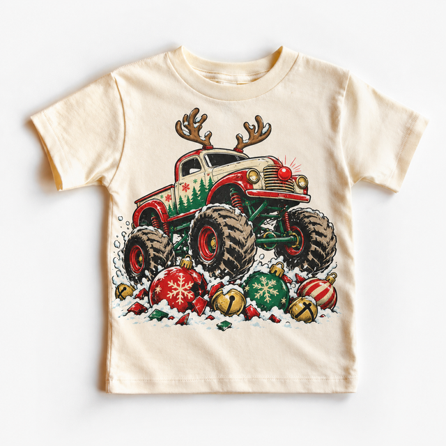 Reindeer Monster Truck Christmas Shirt for Kids natural short sleeve tee