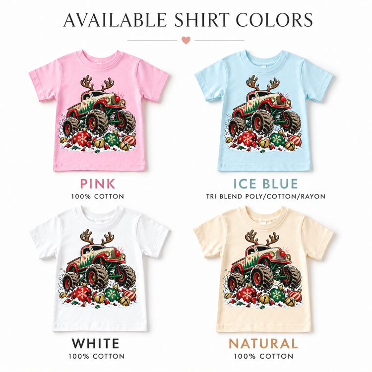 Reindeer Monster Truck Christmas Shirt for Kids short sleeve tee color options