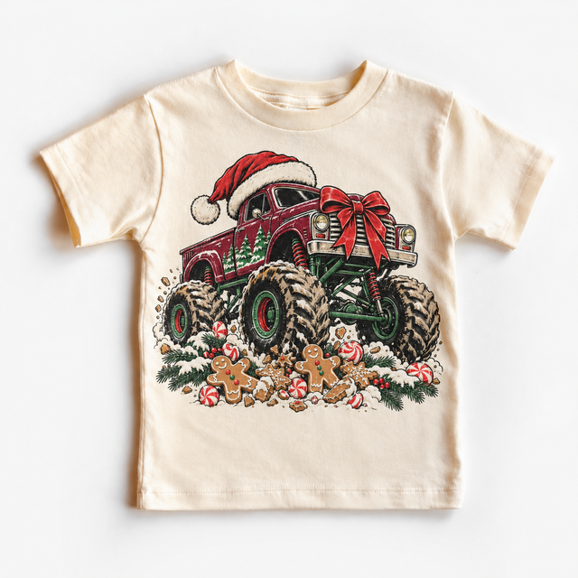 Christmas Monster Truck Shirt for Kids – Santa Hat & Gingerbread natural short sleeve tee