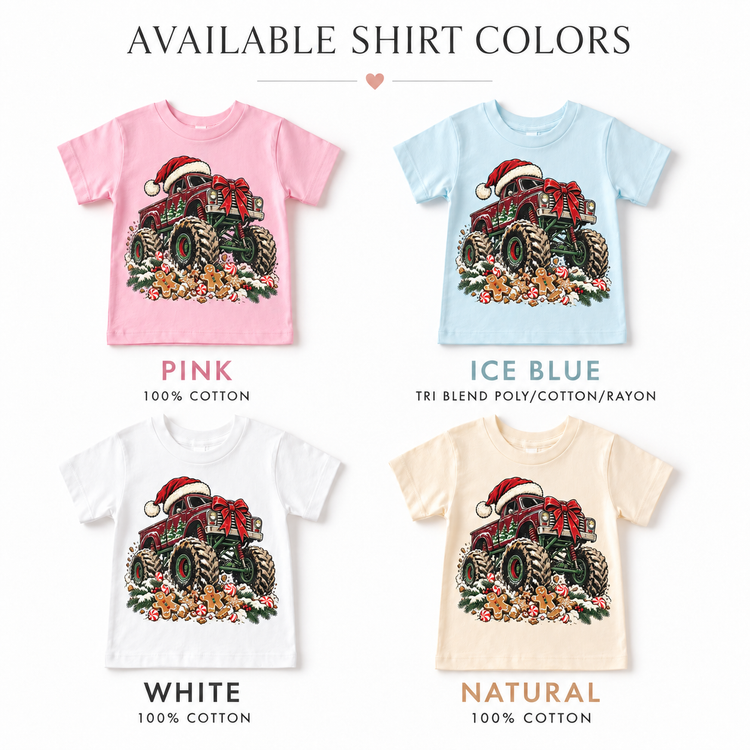 Christmas Monster Truck Shirt for Kids – Santa Hat & Gingerbread short sleeve tee color options