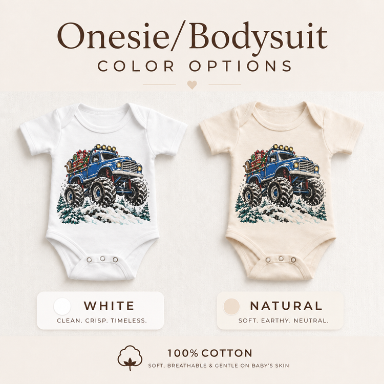 Blue Christmas Monster Truck Shirt for Kids – Holiday Gifts baby bodysuit color options