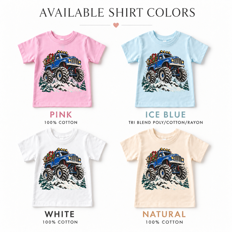 Blue Christmas Monster Truck Shirt for Kids – Holiday Gifts short sleeve tee color options