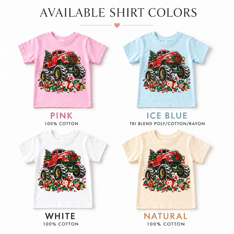 Red Christmas Monster Truck Shirt for Kids – Holiday Gifts short sleeve tee color options