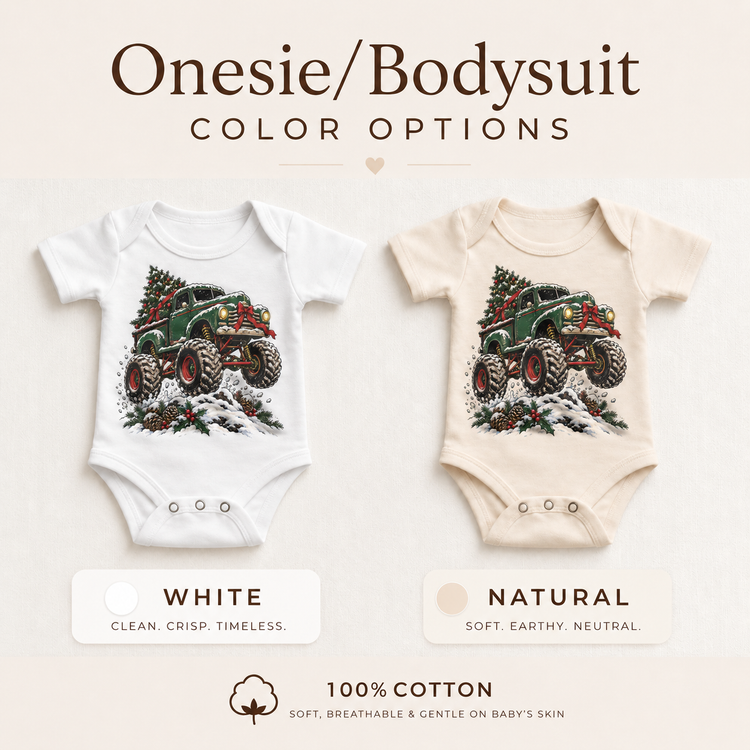 Green Christmas Monster Truck Shirt for Kids – Snowy Tree baby bodysuit color options