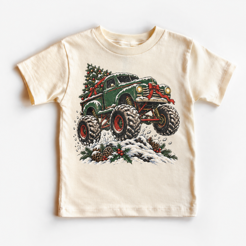 Green Christmas Monster Truck Shirt for Kids – Snowy Tree natural short sleeve tee