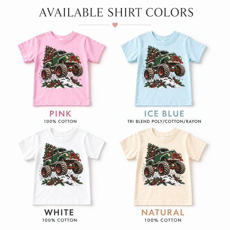 Green Christmas Monster Truck Shirt for Kids – Snowy Tree short sleeve tee color options