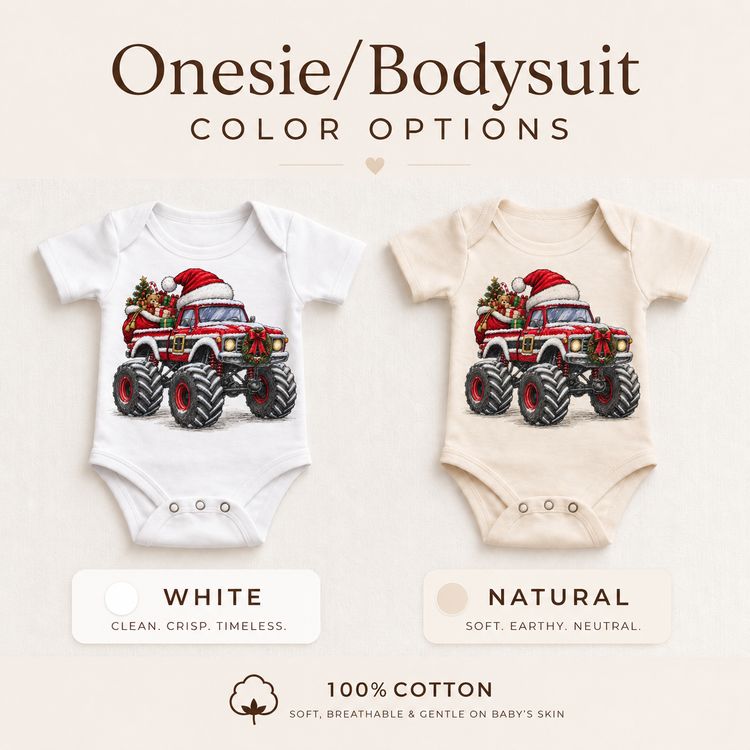 Santa Monster Truck Christmas Shirt for Kids baby bodysuit color options