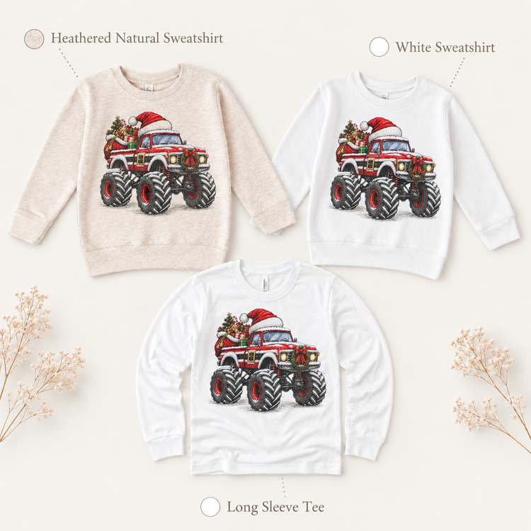 Santa Monster Truck Christmas Shirt for Kids long sleeve tee and sweatshirt options