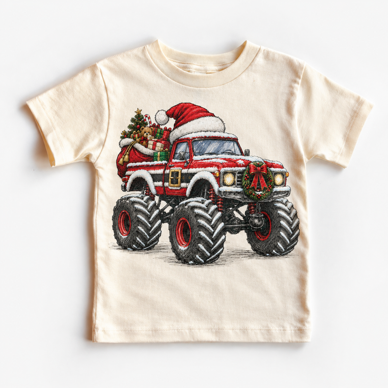 Santa Monster Truck Christmas Shirt for Kids natural short sleeve tee