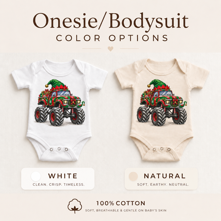 Elf Monster Truck Christmas Shirt for Kids baby bodysuit color options
