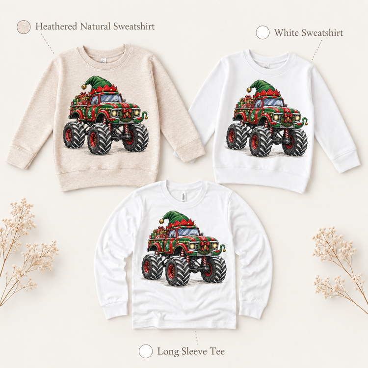 Elf Monster Truck Christmas Shirt for Kids long sleeve tee and sweatshirt options