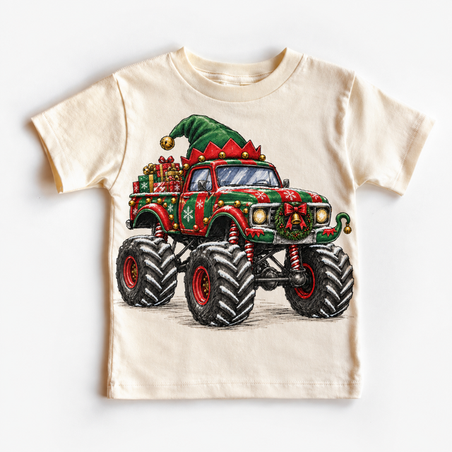 Elf Monster Truck Christmas Shirt for Kids natural short sleeve tee