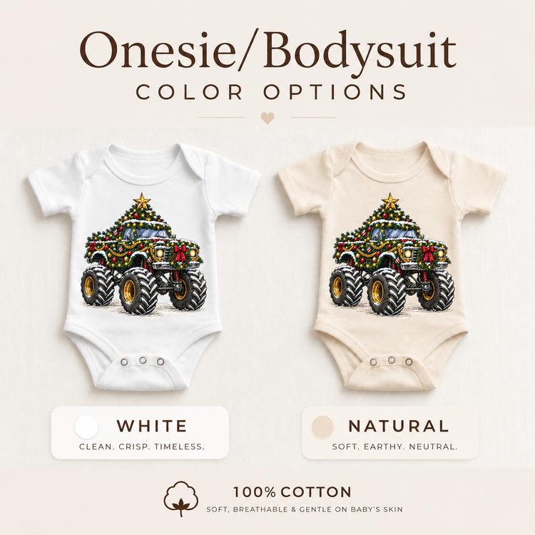 Christmas Tree Monster Truck Shirt for Kids baby bodysuit color options