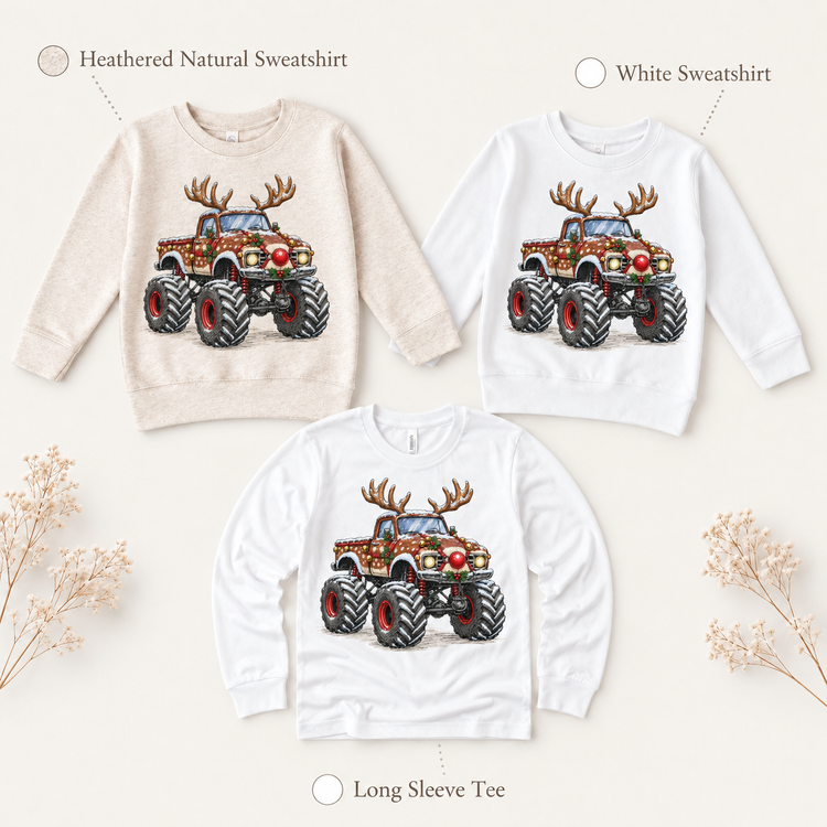 Christmas Tree Monster Truck Shirt for Kids long sleeve tee and sweatshirt options