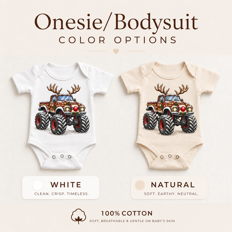 Reindeer Monster Truck Christmas Shirt for Kids baby bodysuit color options