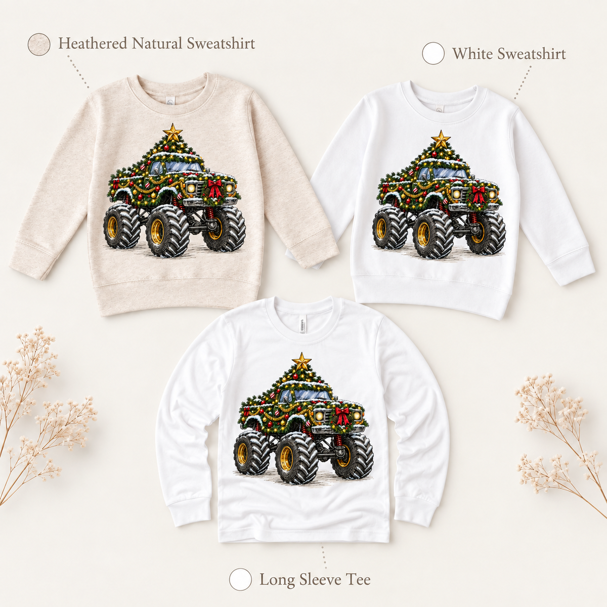 Reindeer Monster Truck Christmas Shirt for Kids long sleeve tee and sweatshirt options