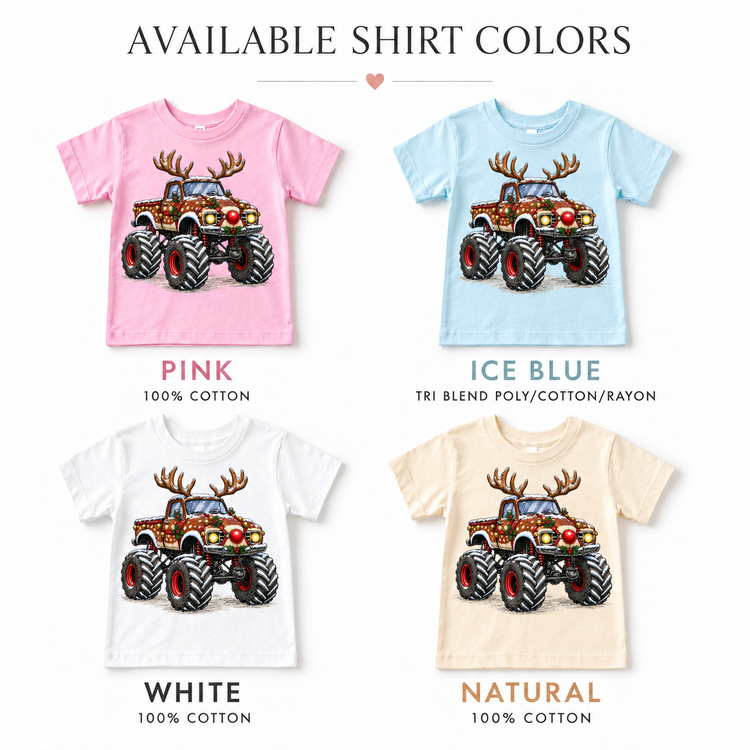 Reindeer Monster Truck Christmas Shirt for Kids short sleeve tee color options