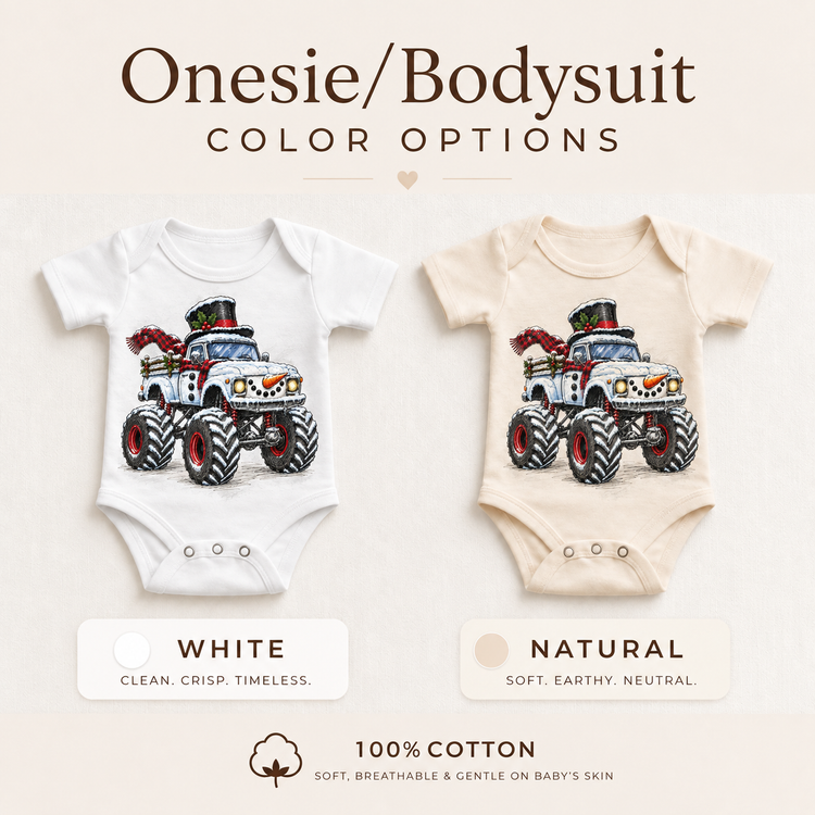 Snowman Monster Truck Christmas Shirt for Kids baby bodysuit color options