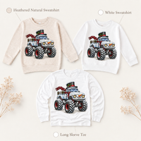 Snowman Monster Truck Christmas Shirt for Kids long sleeve tee and sweatshirt options